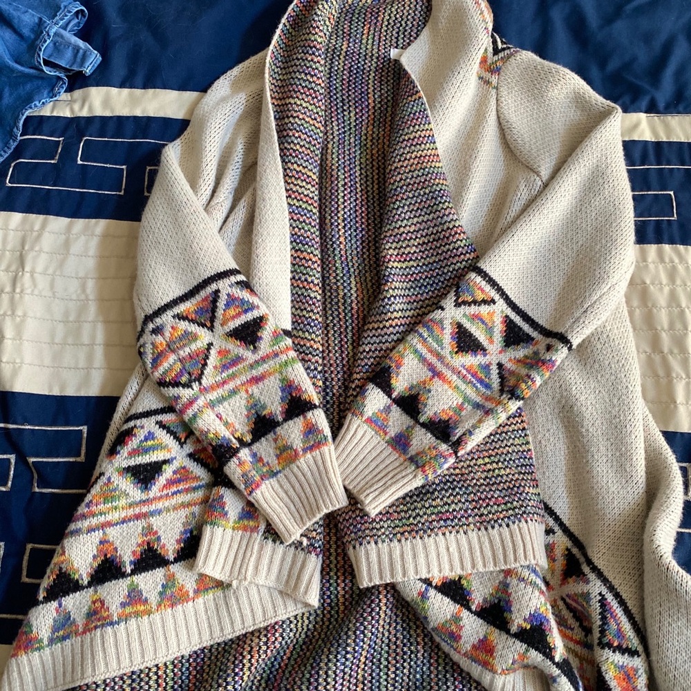 Tan cardigan with tribal pattern and rainbow color